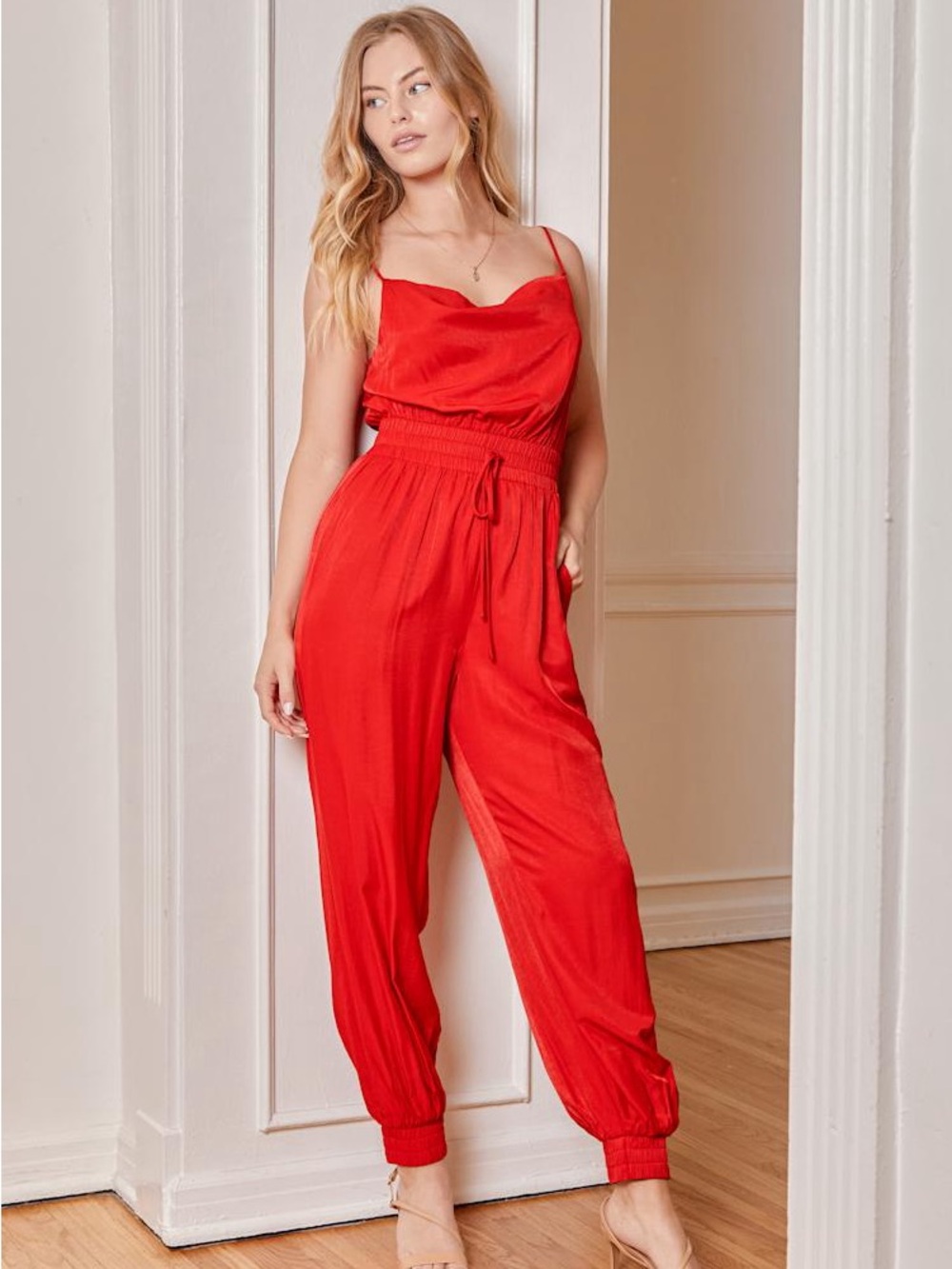 Lulus Red Cowl Neck Jumpsuit Small Smocked Waist Wedding Guest Holiday Party